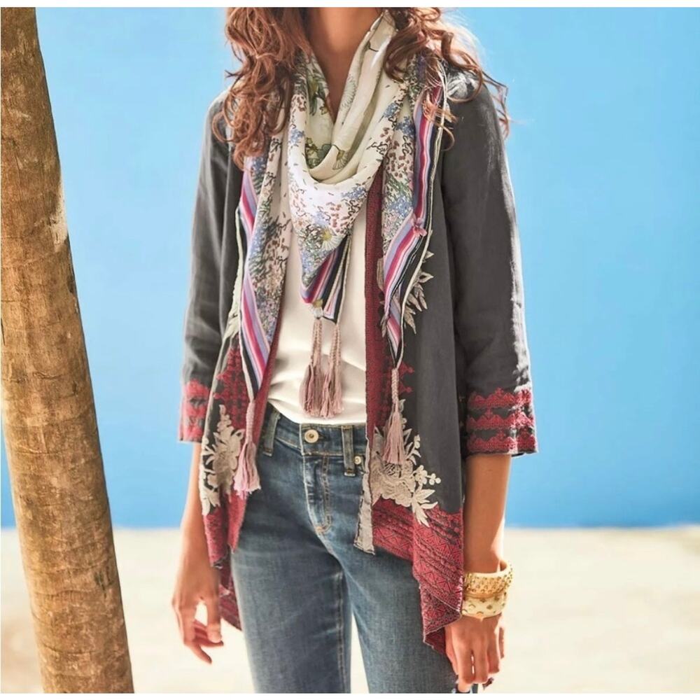 Johnny Was Camille Draped Navy Blue Floral Open Cardigan Duster Medium Boho